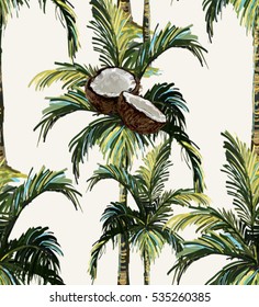 Hermoso fondo vectorial de verano floral sin fisuras con palmeras y coco. Textura geométrica abstracta. Perfecto para fondos de escritorio, fondos de página web, texturas superficiales, textiles.