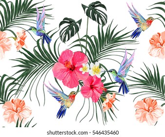 Beautiful seamless vector floral summer pattern background with hummingbird, palm leaves, hibiscus, tropical flowers. Perfect for wallpapers, web page backgrounds, surface textures, textile.