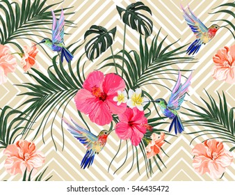 Beautiful seamless vector floral summer pattern background with hummingbird, palm leaves, hibiscus, tropical flowers. Perfect for wallpapers, web page backgrounds, surface textures, textile.