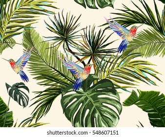 Hermoso fondo vectorial de verano floral sin fisuras con hojas tropicales de palma. Perfecto para fondos de escritorio, fondos de página web, texturas superficiales, textiles.