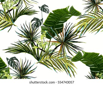 Beautiful seamless vector floral summer pattern background with tropical palm  leaves. Perfect for wallpapers, web page backgrounds, surface textures, textile.