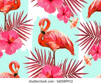 Hermoso fondo vectorial de verano floral sin fisuras con hojas tropicales de palma, flamingo, hibisco. Perfecto para fondos de escritorio, fondos de página web, texturas superficiales, textiles.