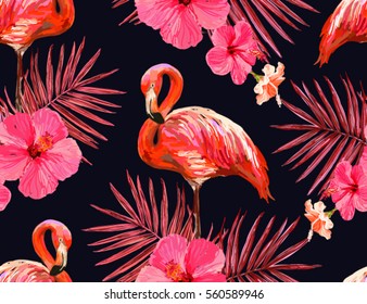 Beautiful seamless vector floral summer pattern background with tropical palm leaves, flamingo, hibiscus. Perfect for wallpapers, web page backgrounds, surface textures, textile.