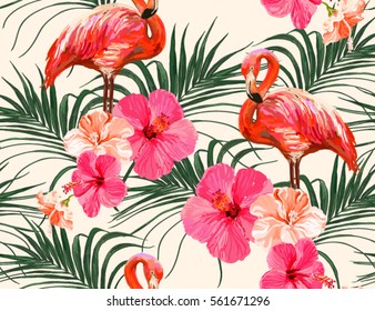 Beautiful seamless vector floral summer pattern background with tropical palm leaves, flamingo, hibiscus. Perfect for wallpapers, web page backgrounds, surface textures, textile.