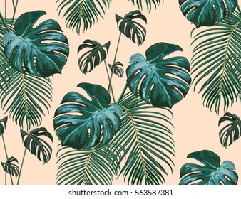 Beautiful seamless vector floral summer pattern background with tropical palm leaves. Perfect for wallpapers, web page backgrounds, surface textures, textile.