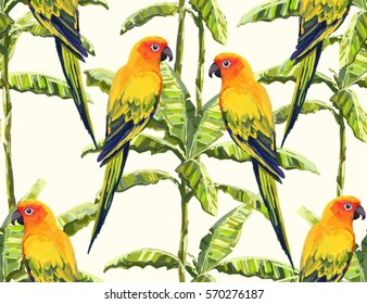 Beautiful seamless vector floral summer pattern with parrot, palm leaves, banana palm tree. Perfect for wallpapers, web page backgrounds, surface textures, textile.