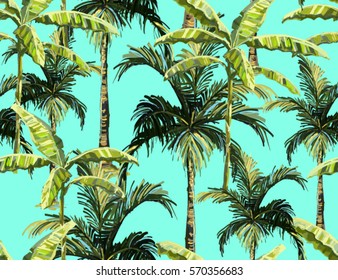 Beautiful seamless vector floral summer pattern  with palm trees, banana palm tree, coconut palm tree. Perfect for wallpapers, web page backgrounds, surface textures, textile.