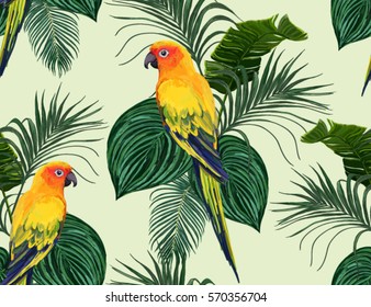 Beautiful seamless vector floral summer pattern background with parrot, palm leaves, plumeria. Perfect for wallpapers, web page backgrounds, surface textures, textile.