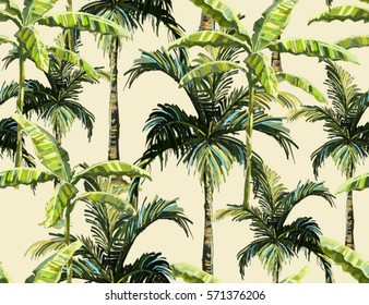 Beautiful seamless vector floral summer pattern with banana palm tree, coconut palm tree. Perfect for wallpapers, web page backgrounds, surface textures, textile.