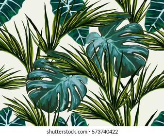 Beautiful seamless vector floral summer pattern background with tropical palm leaves. Perfect for wallpapers, web page backgrounds, surface textures, textile.