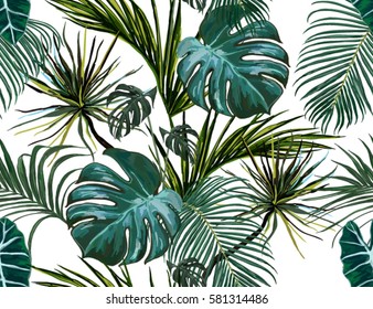 Beautiful seamless vector floral summer pattern background with tropical palm leaves. Perfect for wallpapers, web page backgrounds, surface textures, textile.