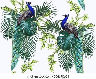 Beautiful seamless vector floral summer pattern background with peacock, palm leaves. Perfect for wallpapers, web page backgrounds, surface textures, textile.