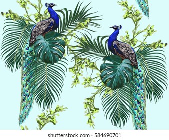 Beautiful seamless vector floral summer pattern background with peacock, palm leaves. Perfect for wallpapers, web page backgrounds, surface textures, textile.