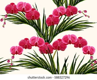 Beautiful seamless vector floral summer pattern background with  orchid, palm leaves. Perfect for wallpapers, web page backgrounds, surface textures, textile.	