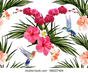 Beautiful seamless vector floral summer pattern background with hummingbird, orchid, palm leaves, hibiscus, tropical flowers. Perfect for wallpapers, web page backgrounds, surface textures, textile.	
