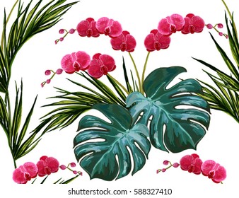 Beautiful seamless vector floral summer pattern background with  orchid, palm leaves. Perfect for wallpapers, web page backgrounds, surface textures, textile.	