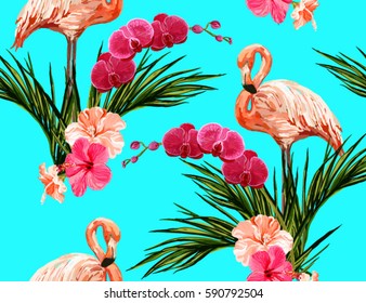 Beautiful seamless vector floral summer pattern with flamingo, orchid,  hibiscus, palm leaves. Perfect for wallpapers, web page backgrounds, surface textures, textile.