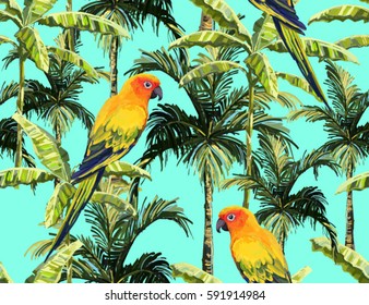 Beautiful seamless vector floral summer pattern  with parrot, palm trees, banana palm tree, coconut palm tree. Perfect for wallpapers, web page backgrounds, surface textures, textile.