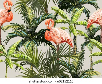 Beautiful seamless vector floral summer pattern background with palm trees and pink flamingo. Perfect for wallpapers, web page backgrounds, surface textures, textile.