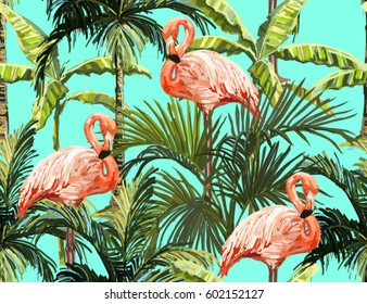 Beautiful seamless vector floral summer pattern background with palm trees and pink flamingo. Perfect for wallpapers, web page backgrounds, surface textures, textile.