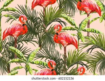 Beautiful seamless vector floral summer pattern background with palm trees and pink flamingo. Perfect for wallpapers, web page backgrounds, surface textures, textile.