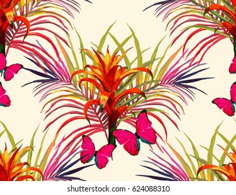 Beautiful seamless vector floral summer pattern background with tropical palm leaves, exotic flowers, butterflies. Perfect for wallpapers, web page backgrounds, surface textures, textile.