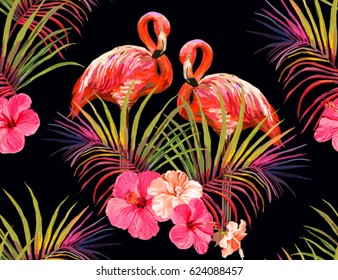 Beautiful seamless vector floral summer pattern background with tropical palm leaves, flamingo, hibiscus. Perfect for wallpapers, web page backgrounds, surface textures, textile.