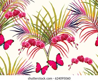 Hermoso fondo de patrón de verano floral de Vector sin fisuras con hojas de palma tropical, mariposas, orquídea. Perfecto para Fondos de pantalla, fondos de página de Web, texturas de superficie, textil.