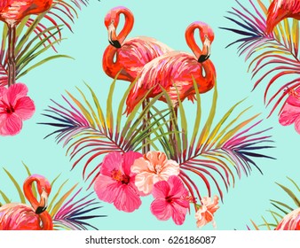 Beautiful seamless vector floral summer pattern background with tropical palm leaves, flamingo, hibiscus. Perfect for wallpapers, web page backgrounds, surface textures, textile.