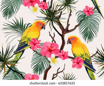 Beautiful seamless vector floral summer pattern background with tropical palm leaves, parrot, hibiscus. Perfect for wallpapers, web page backgrounds, surface textures, textile.