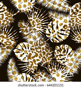 Beautiful seamless vector floral summer pattern background with tropical palm leaves, animal prints and golden tinsel.Perfect for wallpapers, web page backgrounds, surface textures, textile