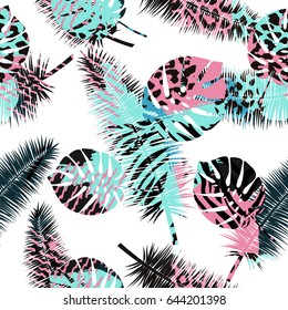 Beautiful seamless vector floral summer pattern background with tropical palm leaves and animal prints.Perfect for wallpapers, web page backgrounds, surface textures, textile