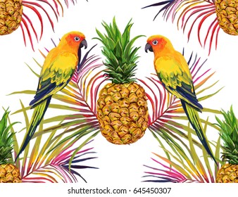 Beautiful seamless vector floral summer pattern with palm leaves, pineapple,  parrots. Perfect for wallpapers, web page backgrounds, surface textures, textile.