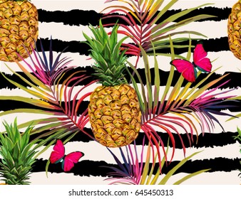 Beautiful seamless vector floral summer pattern with palm leaves, pineapple, butterflies. Perfect for wallpapers, web page backgrounds, surface textures, textile.