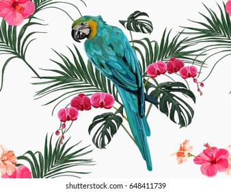 Beautiful seamless vector floral summer pattern background with parrot, tropical palm leaves, orchid, hibiscus. Perfect for wallpapers, web page backgrounds, surface textures, textile.