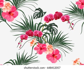 Beautiful seamless vector floral summer pattern background with tropical palm leaves, orchid, hibiscus. Perfect for wallpapers, web page backgrounds, surface textures, textile.