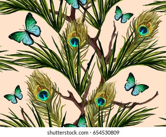 Hermoso fondo vectorial de verano floral sin fisuras con hojas de palma tropicales y plumas de pavo real, mariposas. Perfecto para fondos de escritorio, fondos de página web, texturas superficiales, textiles.