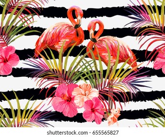 Beautiful seamless vector floral summer pattern background with tropical palm leaves, flamingo, hibiscus. Perfect for wallpapers, web page backgrounds, surface textures, textile.