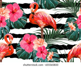 Fundo de verão floral bonito vetor sem costura com folhas de palmeira tropicais, flamingo, hibisco. Perfeito para papéis de parede, fundos de páginas da web, texturas de superfície, têxteis.