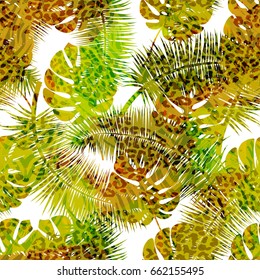 Beautiful seamless vector floral summer pattern background with tropical palm leaves and animal prints.Perfect for wallpapers, web page backgrounds, surface textures, textile.