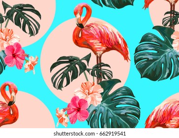 Beautiful seamless vector floral summer pattern background with tropical palm leaves, flamingo, hibiscus. Perfect for wallpapers, web page backgrounds, surface textures, textile.