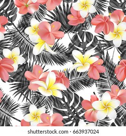 Beautiful seamless vector floral summer pattern background with black and white tropical palm leaves and flowers.Perfect for wallpapers, web page backgrounds, surface textures, textile