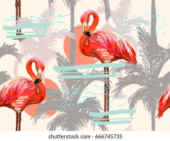 Beautiful seamless vector floral summer pattern background with tropical palm leaves, flamingo, palms. Perfect for wallpapers, web page backgrounds, surface textures, textile.