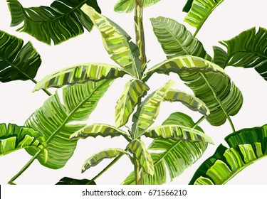 Beautiful seamless vector floral summer pattern with tropical palm leaves,  banana palm trees. Perfect for wallpapers, web page backgrounds, surface textures, textile.