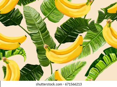 Beautiful seamless vector floral summer pattern with  banana leaves and bananas. Perfect for wallpapers, web page backgrounds, surface textures, textile.