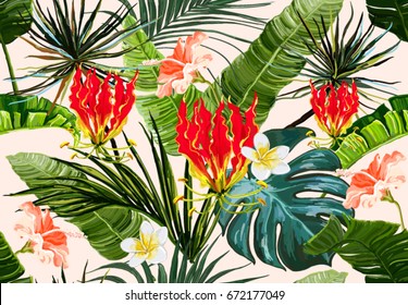 Beautiful seamless vector floral summer pattern background with tropical palm leaves and flowers. Perfect for wallpapers, web page backgrounds, surface textures, textile.