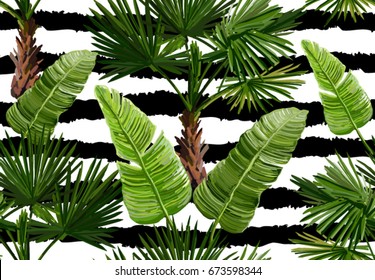 Beautiful seamless vector floral summer pattern with palm trees, tropical leaves. Perfect for wallpapers, web page backgrounds, surface textures, textile.