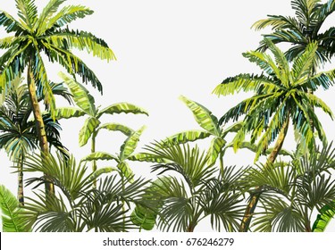 Beautiful seamless vector floral summer pattern with palm trees, banana palm tree, coconut palm tree. Perfect for wallpapers, web page backgrounds, surface textures, textile.