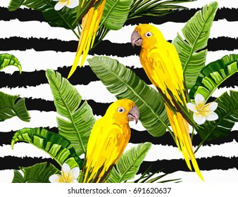 Hermoso fondo vectorial de verano floral sin fisuras con loro, hojas de palma, plumería. Perfecto para fondos de escritorio, fondos de página web, texturas superficiales, textiles.