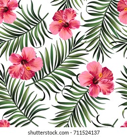 Beautiful seamless vector floral summer pattern background with tropical palm leaves and hibiscus. Template for wallpapers, web page backgrounds, textile, swimwear.